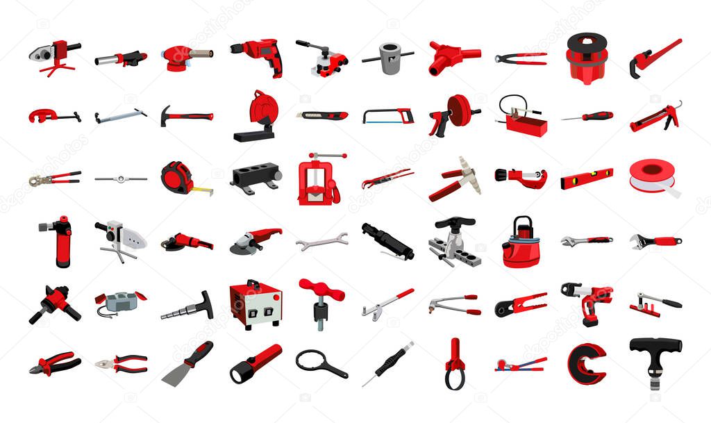 Set of realistic plumbing tools. Detailed illustrations.