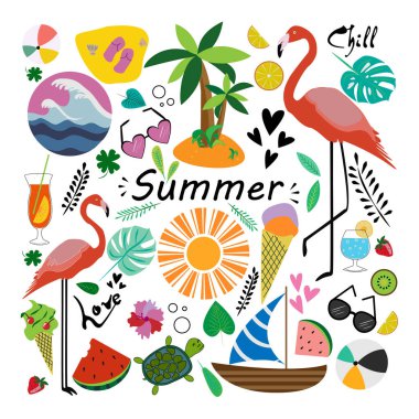 Yaz, tatil ve deniz için çizimler. Düz stil etiketleri.
