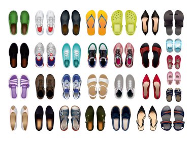 Collection of men's, women's and children's shoes in a realistic style with a top view. clipart