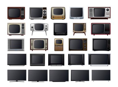 Farklı zamanlardan kalma televizyon koleksiyonu. TV monitörlerinin gerçekçi çizimleri.