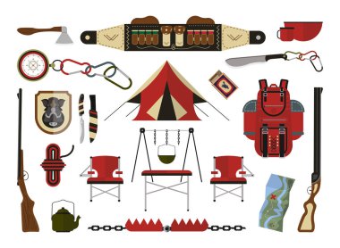 Düz bir şekilde avlanma teması üzerine illüstrasyon koleksiyonu.