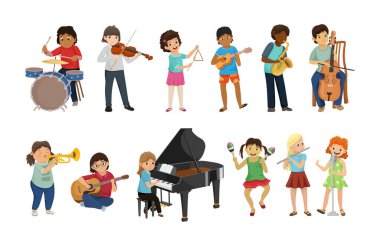 Farklı müzik enstrümanları çalan çocuk müzisyenlerin çizimleri.
