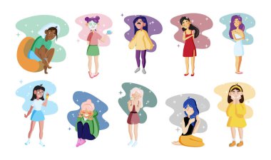 Yüzü ve saçlarıyla ilgilenen kızların olduğu izole resimlerin toplanması. Siyah noktaları çıkarmak, maske takmak, saç yıkamak, makyaj yapmak..