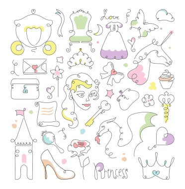 Bir çizgi çiziminin koleksiyonu. Prenseslerin ve peri masallarının teması üzerine doğrusal çizimler.