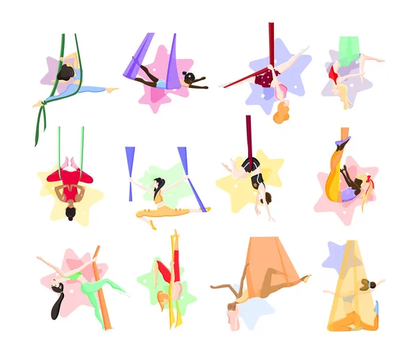 Sammlung Von Illustrationen Mit Mädchen Die Aerial Yoga Machen Dehnen — Stockvektor