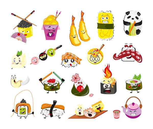 Verzameling Van Aziatische Snack Karakters Illustraties Van Aziatisch Eten Platte — Stockvector