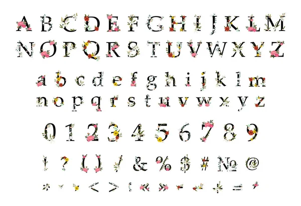 Коллекция Букв Цифр Пунктуации Украшена Цветами Листьями Весенний Цветочный Шрифт — стоковый вектор