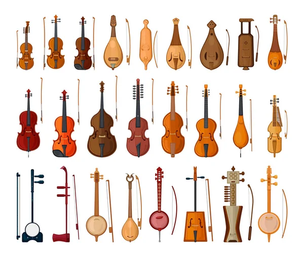 Colección Instrumentos Cuerda Arqueada Estilo Detallado Instrumentos Musicales — Vector de stock