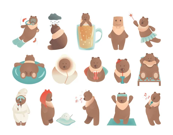Coleção Ilustrações Desenhos Animados Com Urso Realizando Diferentes Ações Personagem —  Vetores de Stock