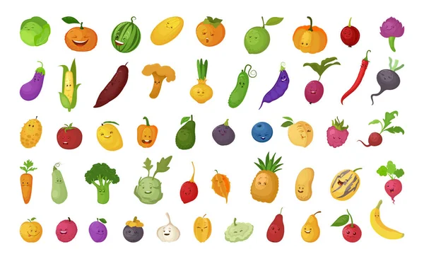 Collection Drôles Dessins Animés Colorés Fruits Baies Légumes Illustrations Vectorielles — Image vectorielle