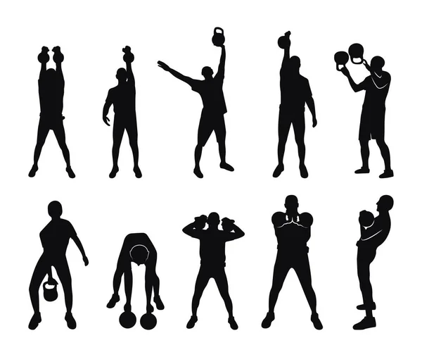 Collection Black Silhouettes Kettlebell Lifting Character Shadow Illustrations — Stock Vector