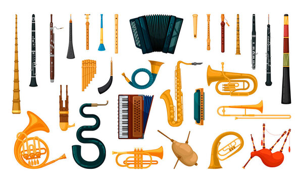 Collection of wind instruments. National folk instruments. Detailed illustrations with musical instruments.