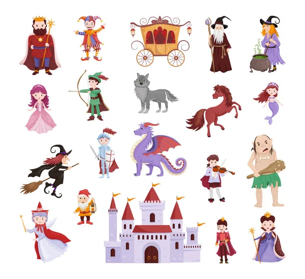 Colección Personajes Cuento Hadas Aislados Sobre Fondo Blanco Ilustraciones Para — Vector de stock