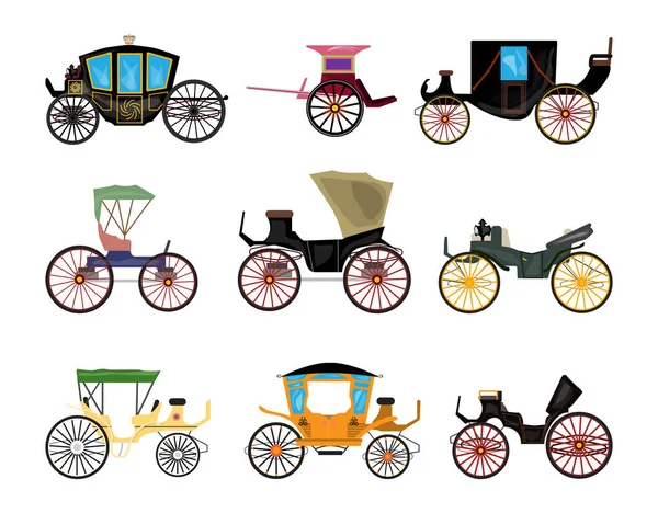 Collection Old Carriages Detailed Flat Illustrations — Stock Vector