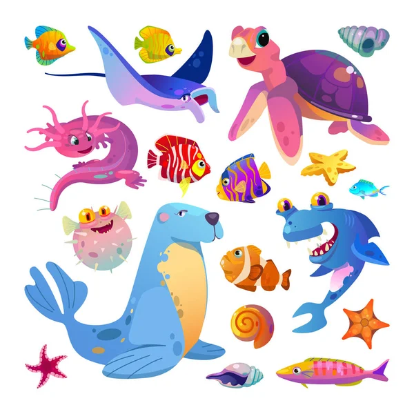 Mare Cartoni Animati Abitanti Set Animali Marini Esotici Pesci Illustrazioni — Vettoriale Stock