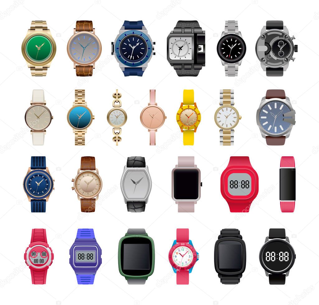 Collection of wrist watches in realistic detailed style. Mechanical and electronic watches.