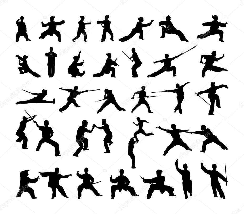 Collection of black silhouettes of wushu athletes. Character shadow illustrations.