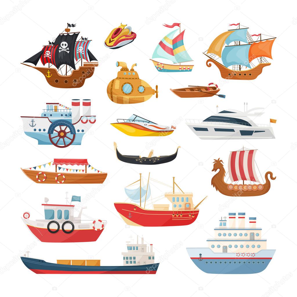 Collection of water transport in cartoon style.
