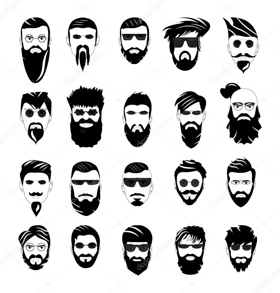 Collection of black and white avatars of a man with beards and mustaches. Portraits of adult men with different hairstyles.