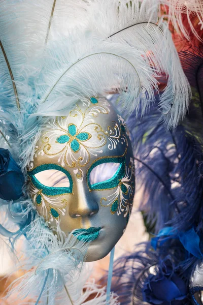 Karnawał Wenecji Piękne Piórowe Maski Placu Świętego Marka — Zdjęcie stockowe