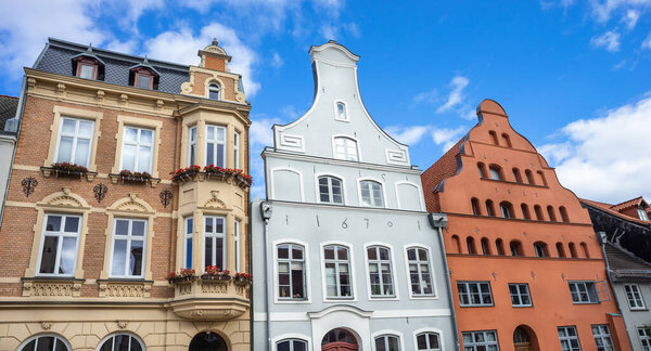 Renovated historic buildings in the old town of Wismar, Mecklenburg-Western Pomerania, Germany