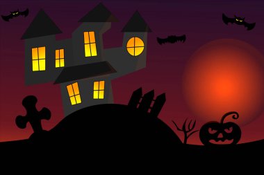  Cadılar Bayramı için arka plan. Gün batımında eski bir ev, mezarlık, balkabağı ve yarasalar.