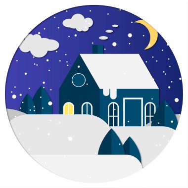 Bir ev, kar yığınları, kar ve ağaçların görüntüsüyle kesilmiş kağıt stili bir kartpostal.