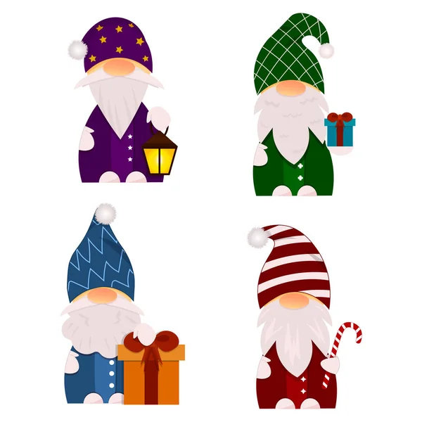 Noel gnome farklı duygular ile Kırmızı kostümlü. Komik çizgi film karakteri. Vektör küçük resim çizim.