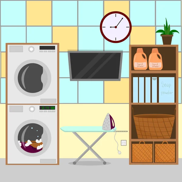 Çamaşır Makineli Çamaşır Odası Ütü Masası Kimyası Temizliği Çamaşır Tozu — Stok Vektör