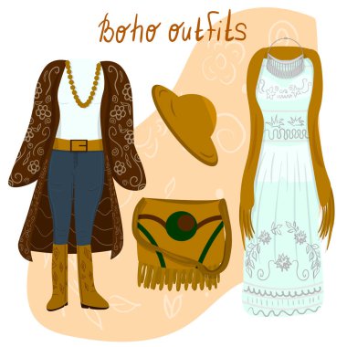 Boho tarzı bir kadın için çizilmiş vektör kıyafeti