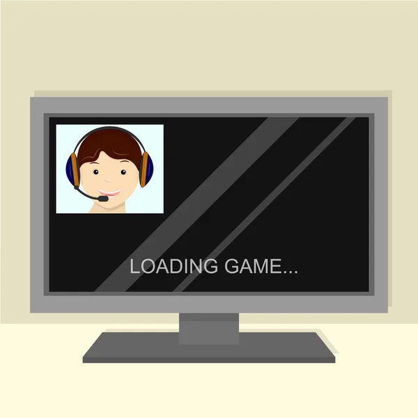 Streamer, gra w gry wideo online z zestawu słuchawkowego. Zawodowy gracz. Na ekranie transmisji ładowanie gry — Wektor stockowy