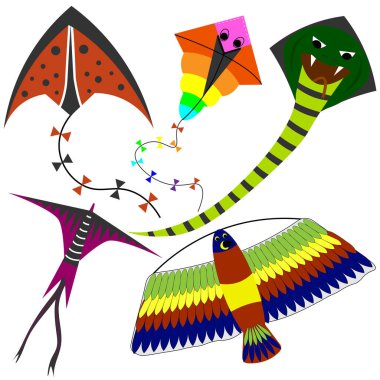 Beyaz arka plan üzerinde renkli uçurtma küme. Vektör çizim