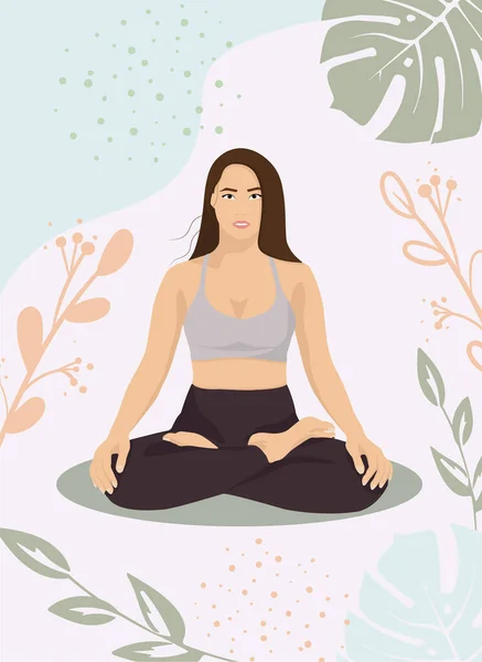 A poster for a yoga center with a girl in a lotus pose in the style of FaceLess. Against the background of plants — Stock Vector