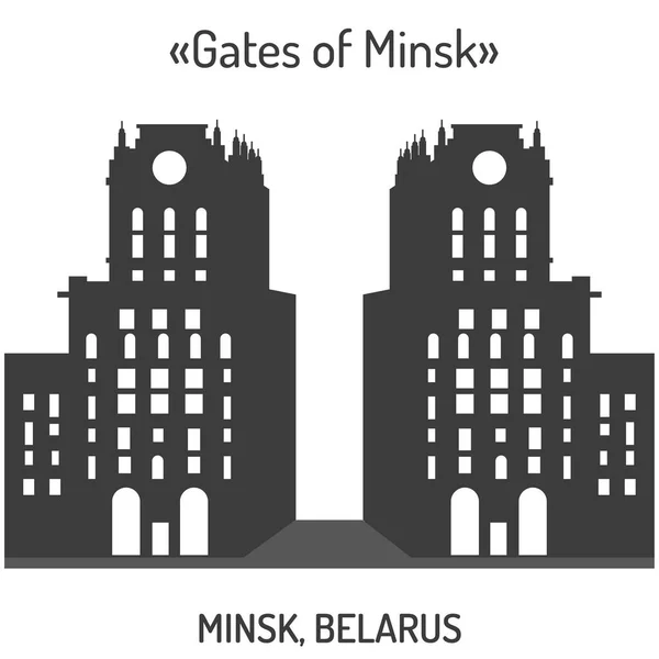 Silhouetten Van Gebouwen Van Bezienswaardigheden Van Minsk Belarus Poorten Van — Stockvector