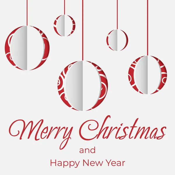 Noel tebrik kartı. Beyaz ve kırmızı arkaplandaki kağıttan kesilen soyut Noel topu.
