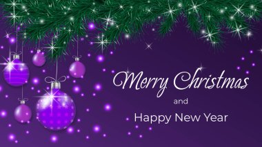 Noel tebrik kartı, afiş. Köknar dallı soyut Noel baloları. Eflatun arkaplanda mor toplar