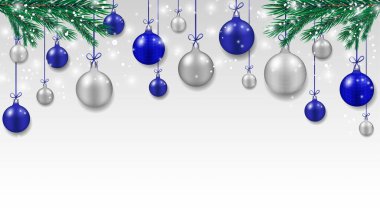  Noel ve Yeni Yıl afişi. Köknar dallı soyut Noel baloları. Mavi ve gümüş toplar