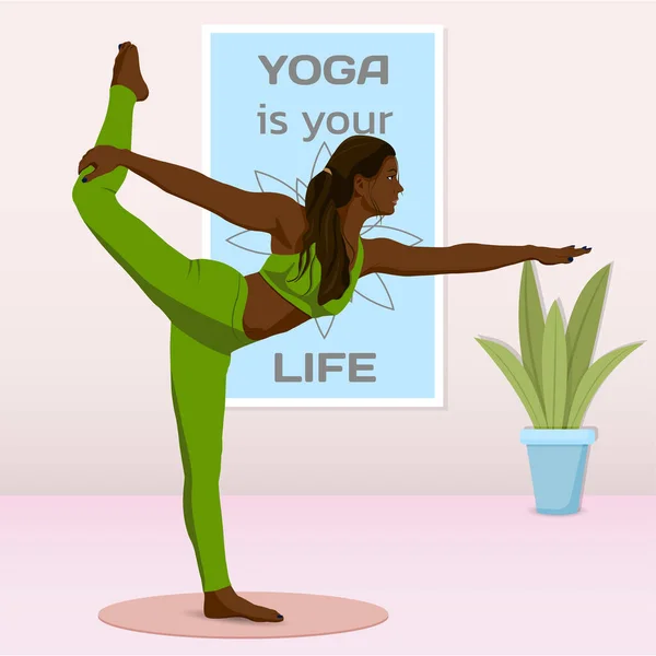 Yeşil takım elbiseli genç bir Afro-Amerikalı kız yoga merkezinde yoga yapıyor. Yüzü olmayan bir kız.