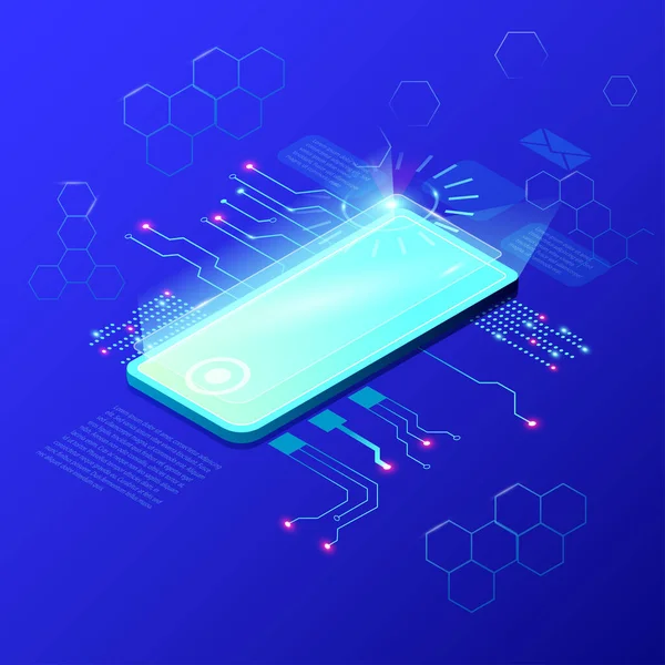 İzometrik illüstrasyonlar kavram mobil teknoloji çözüm video platformu ile üst tasarım. Degrade arka plan ve dijital grafik ince çizgi grafik. Vektör göstermek.