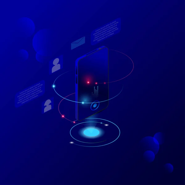 İzometrik illüstrasyonlar kavram mobil teknoloji çözüm video platformu ile üst tasarım. Degrade arka plan ve dijital grafik ince çizgi grafik. Vektör göstermek.