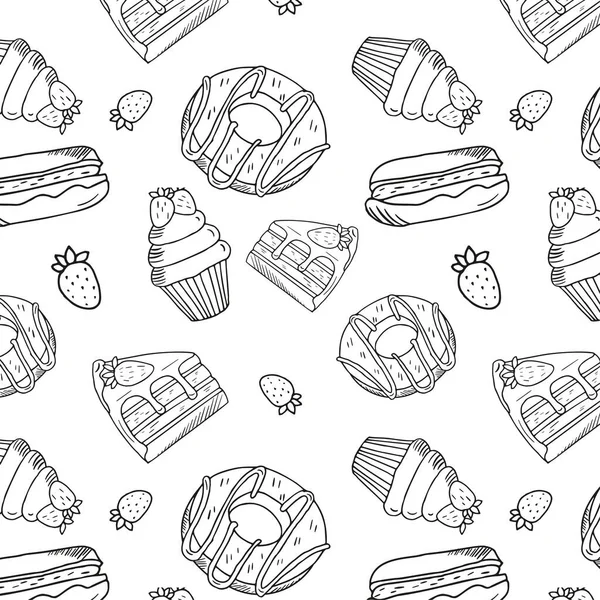 Patrón sin costuras de cupcakes, rebanadas de pastel, rosquillas y pasteles de macarrones. Estilo blanco y negro sin fondo. Dibujo a mano y estilo garabato — Vector de stock