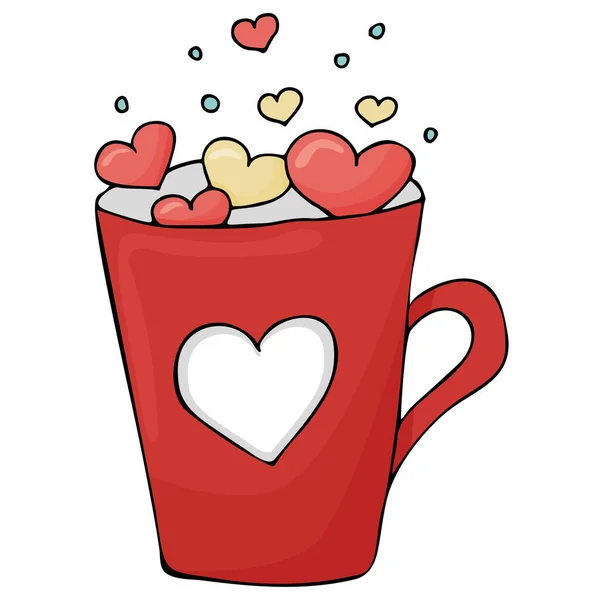 Valentines Day mug with hearts, made in the style of doodles and hand-drawn —  Vetores de Stock