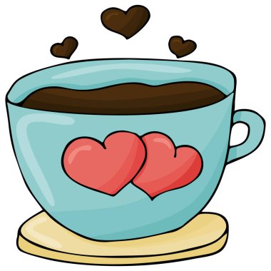 Sevgililer Günü kahve kupası, kalplerle yapılmış, karalama tarzı ve el çizimi.