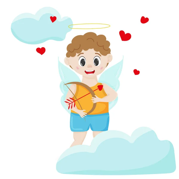 The Amur child. Funny cupid, little angel. Cute boy with a bow, heart hunter, romantic vector character — Stock Vector