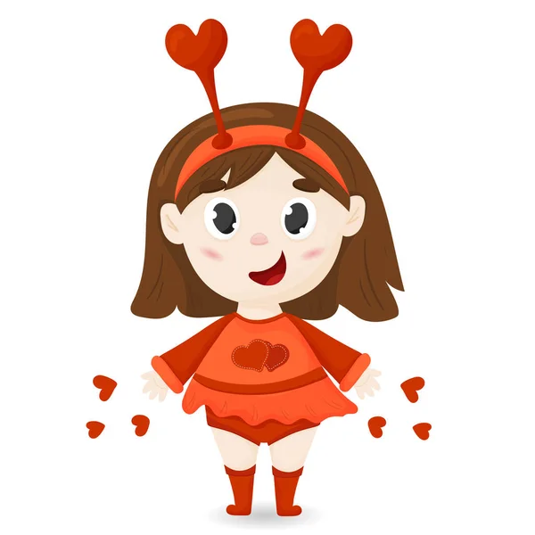 A cute little cheerful girl with a rim of hearts on her head for Valentines Day. Romantic vector character for a postcard —  Vetores de Stock