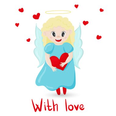 Komik bir melek, ellerinde bir kalple küçük bir kız. Bir kartpostal için romantik vektör karakteri