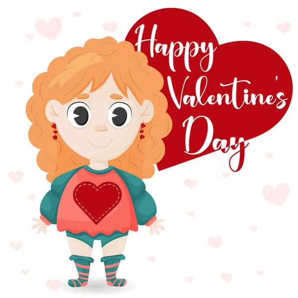 Cute cartoon girl with hearts on Valentines Day. Vector graphics