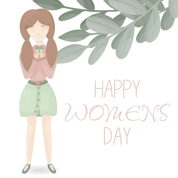 Happy girl with a gift in her hand. Womens day concept. Gentle illustration for banner, card, postcard, invitation, flyer.