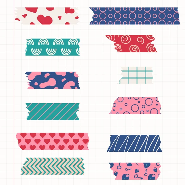 Set of colorful patterned washi tape strips. Vector illustration of a cute decorative scotch tape. — Stock Vector