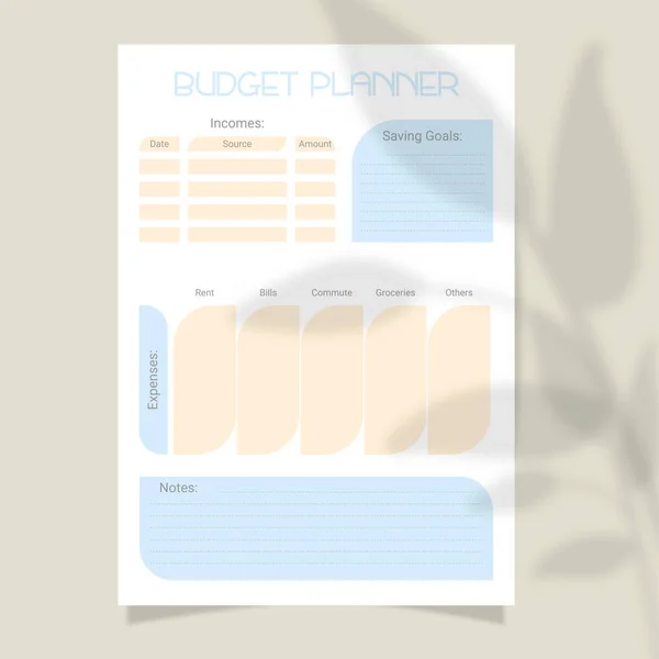 Personlig budgetplanerare i a4-format. Ekonomi, intäkter och kostnader. Stockvektor